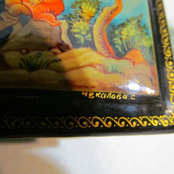 Russian Black Lacquer Box Tale of Tsar Saltan Swan Princess Mstera Signed - Picture 4 of 16
